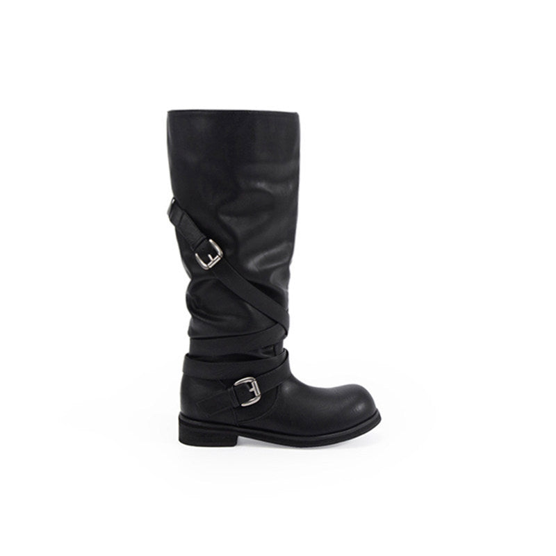 Women's Knee-High Biker Boots in Leather-Look with Adjustable Buckles Mune Fashion
