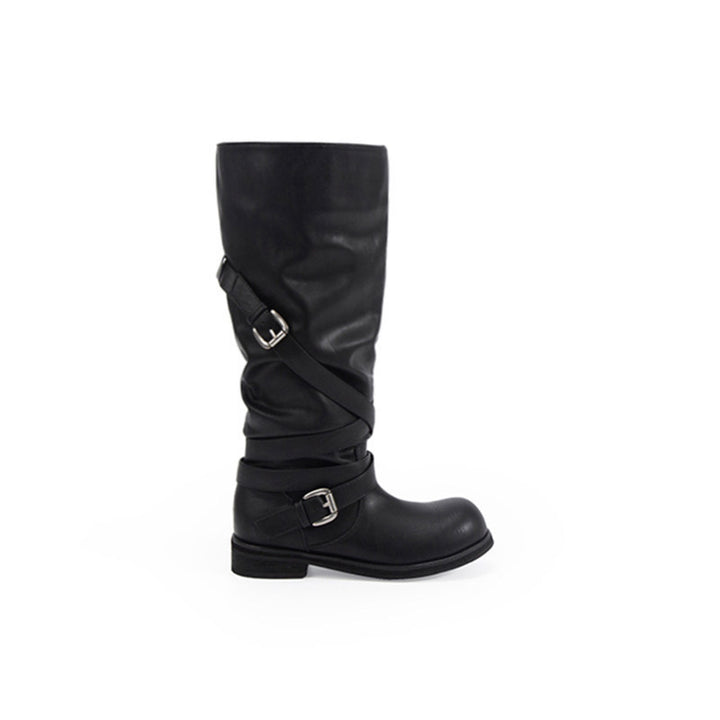 Women's Knee-High Biker Boots in Leather-Look with Adjustable Buckles Mune Fashion