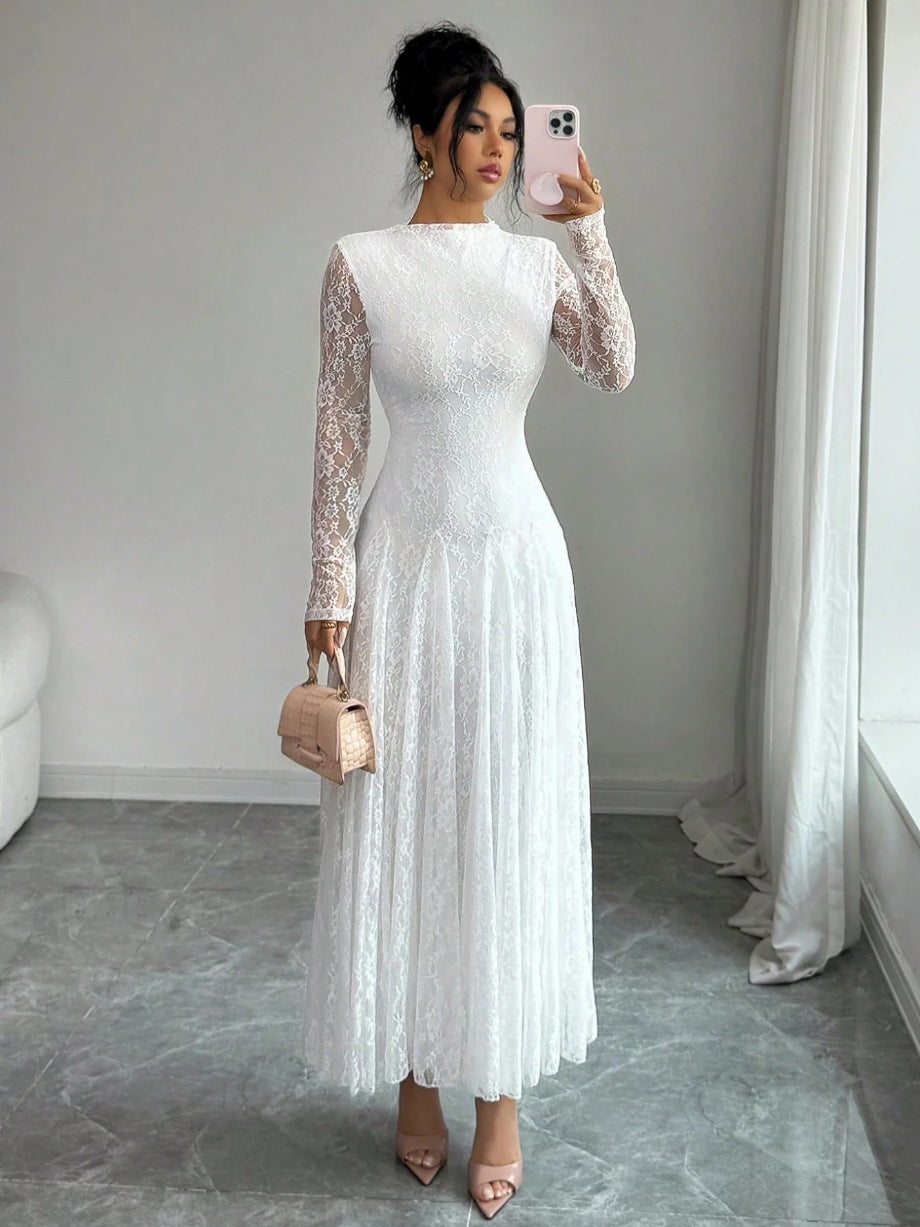 Ladies Elegant Wedding Dress with Lace Sleeves Mune Fashion