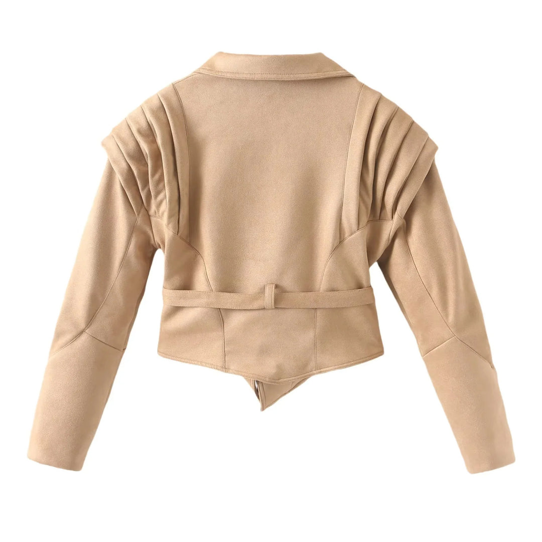 Women's tailored blazer coat with pleated shoulders, shawl collar, and tie belt Mune Fashion
