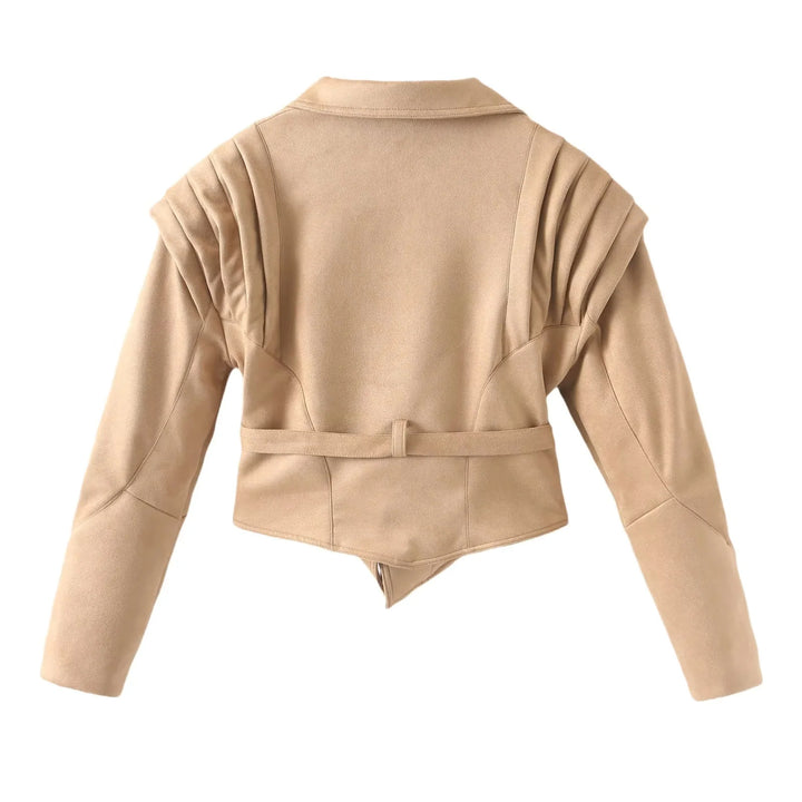 Women's tailored blazer coat with pleated shoulders, shawl collar, and tie belt Mune Fashion