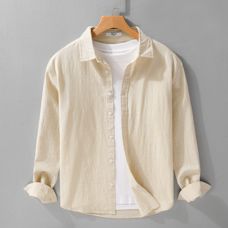 Men's Lightweight Crinkle Linen Cotton Shirt in Layering Style with Kent Collar Mune Fashion