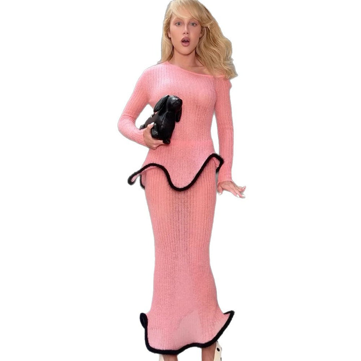 Women's fitted long ribbed knit dress with asymmetrical neckline, ruffled peplum and contrasting piping edge Mune Fashion