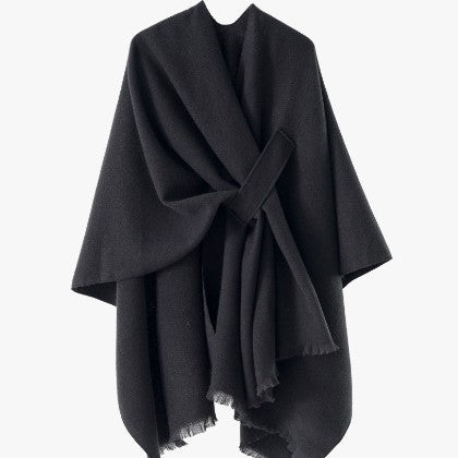 Women's lightweight wool blend wrap with fringes and tie belt Mune Fashion