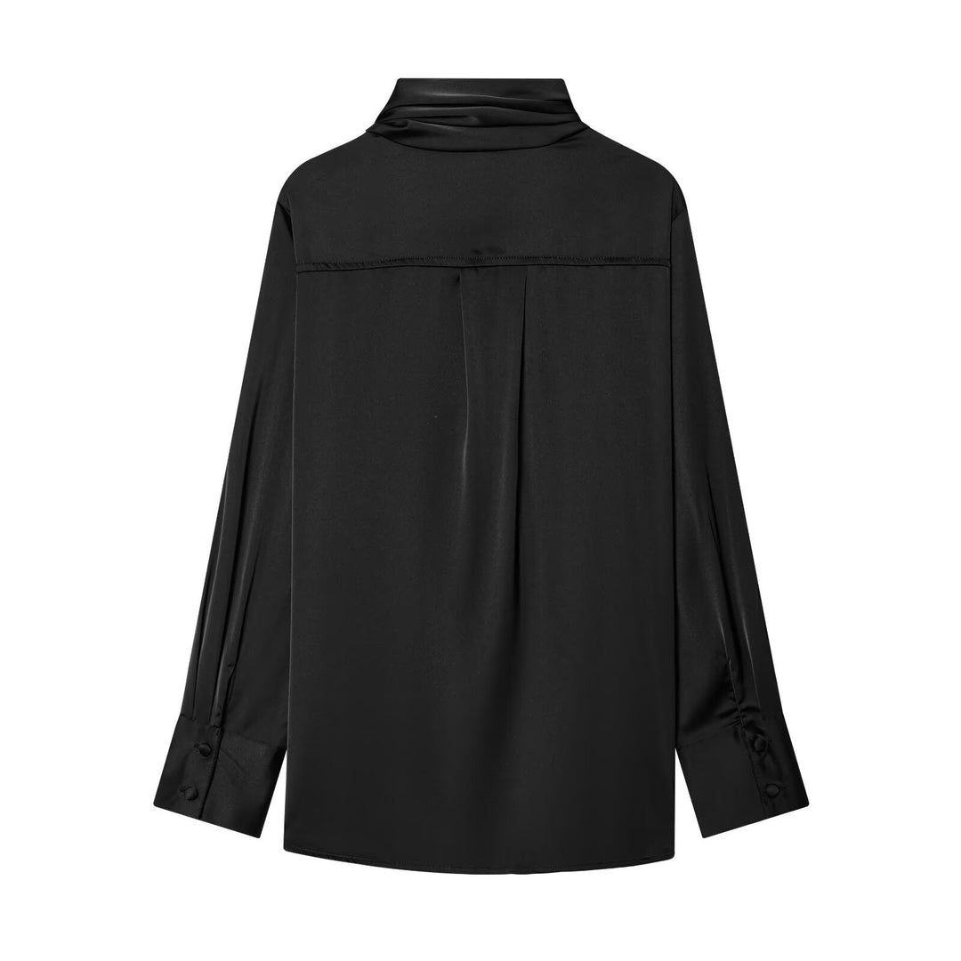 Women's Draped Oversized Blouse with Bow and Stand-up Collar Mune Fashion