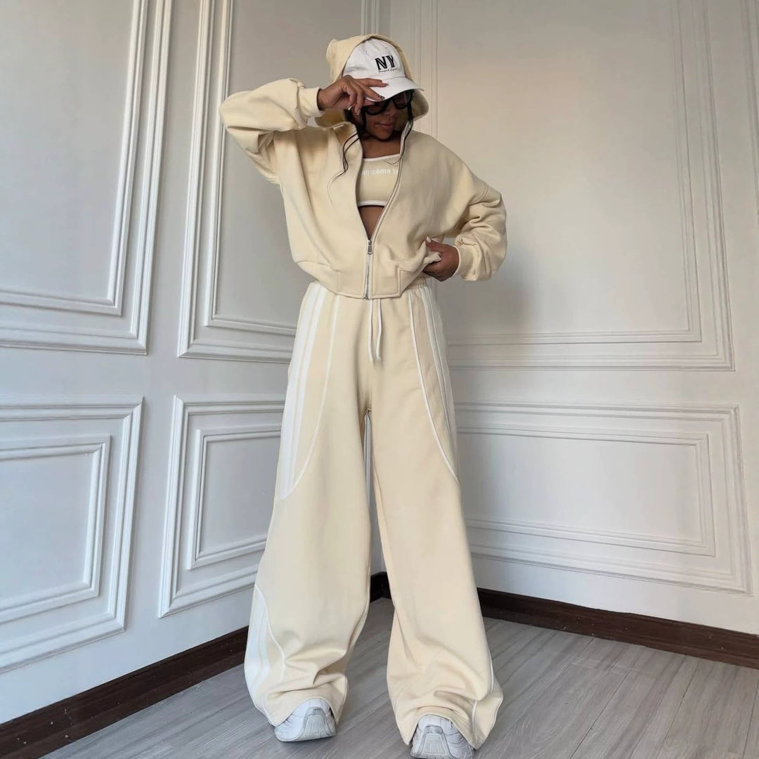 Women's Oversize Hooded Sweat Jacket with Zipper and Wide Track Pant Set Mune Fashion
