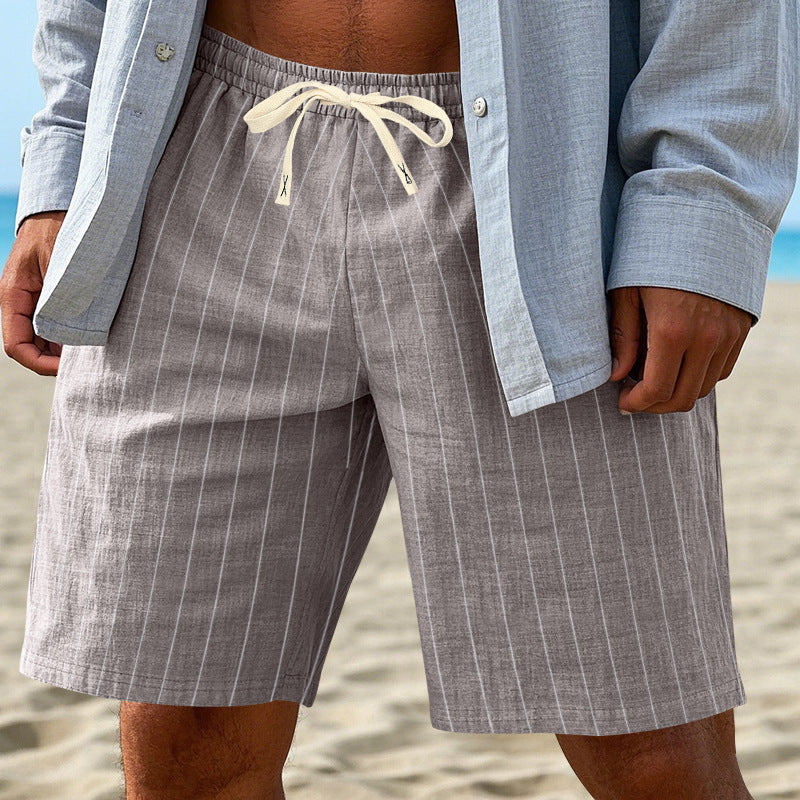 Men's relaxed beach Bermuda shorts with fine pinstripe structure, elastic drawstring waistband, and side slip pockets Mune Fashion