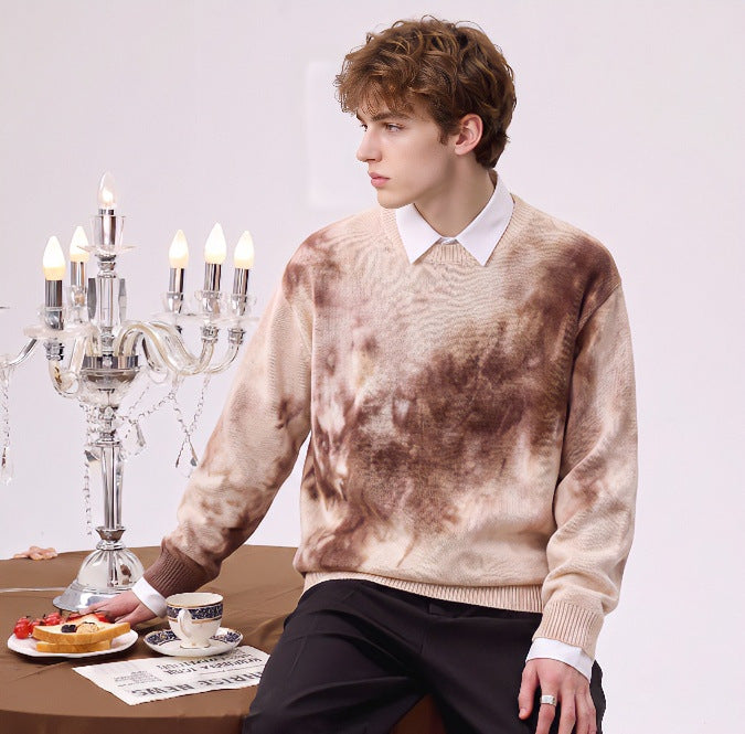 Men's Oversized Knit Sweater with Tie-Dye Look, Round Neck and Ribbed Cuffs Mune Fashion