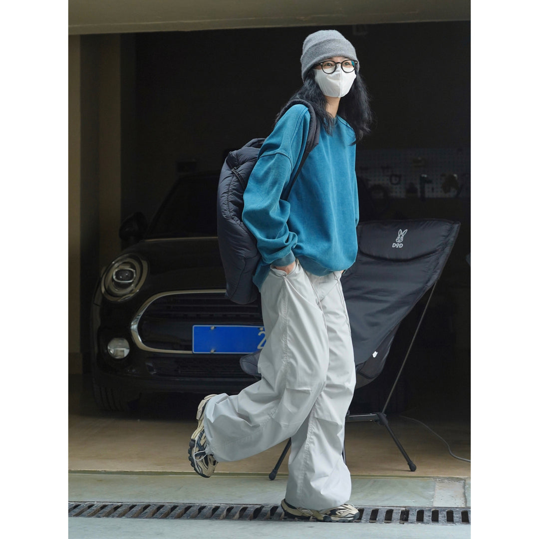Women's Extra Wide Nylon Cargo Pants with Drawstring Waist and Attached Pockets Mune Fashion