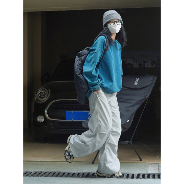 Women's Extra Wide Nylon Cargo Pants with Drawstring Waist and Attached Pockets Mune Fashion