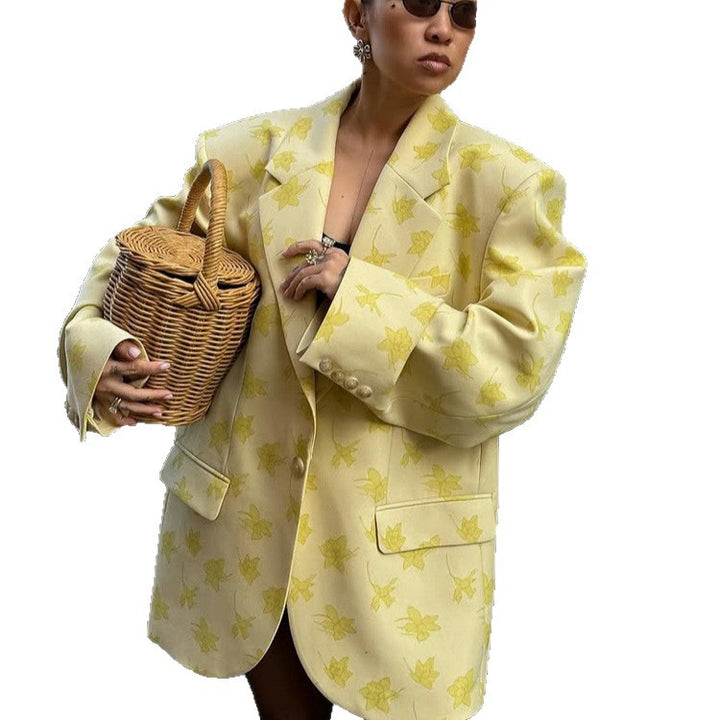 Women's oversized blazer in blazer dress style with floral jacquard and accentuated shoulder Mune Fashion