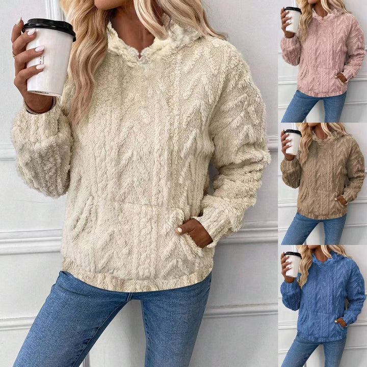 Women's cozy teddy fleece pullover with kangaroo pocket and light stand-up collar Mune Fashion