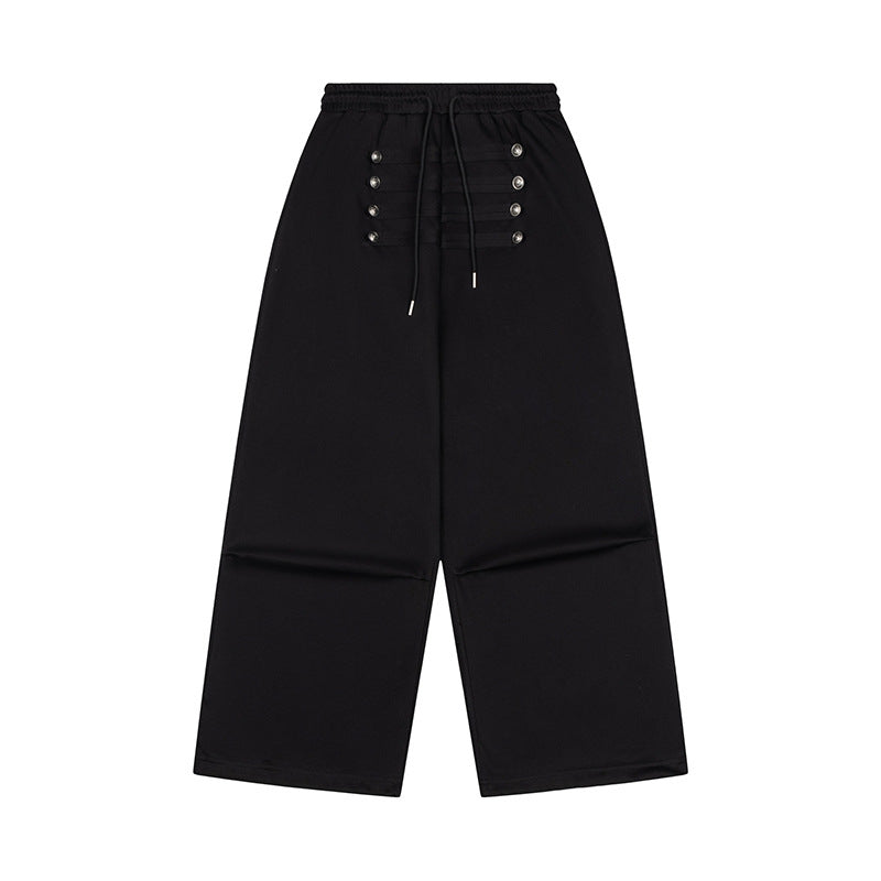 Ladies Wide High-Waist Culotte Pants with Comfort Waistband, Drawstring and Decorative Button Placket Mune Fashion