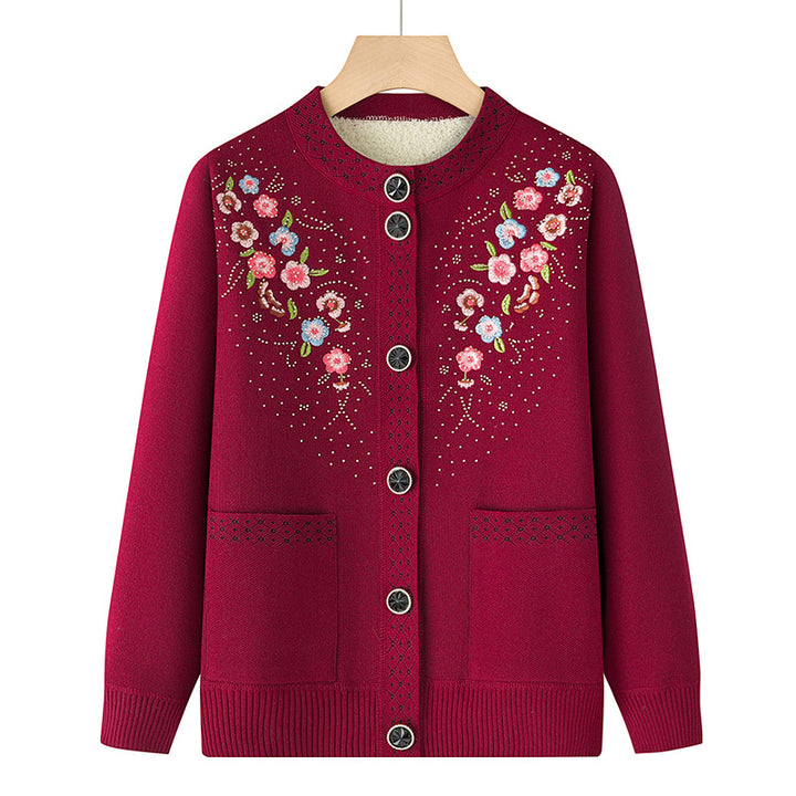 Women's embroidered cardigan with round neck, patch pockets, and decorative button placket Mune Fashion