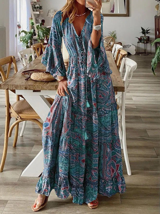 Women’s Boho Maxi Dress with Paisley Print, V-Neck, Ruffle Sleeves, and Waist Tie Belt Mune Fashion