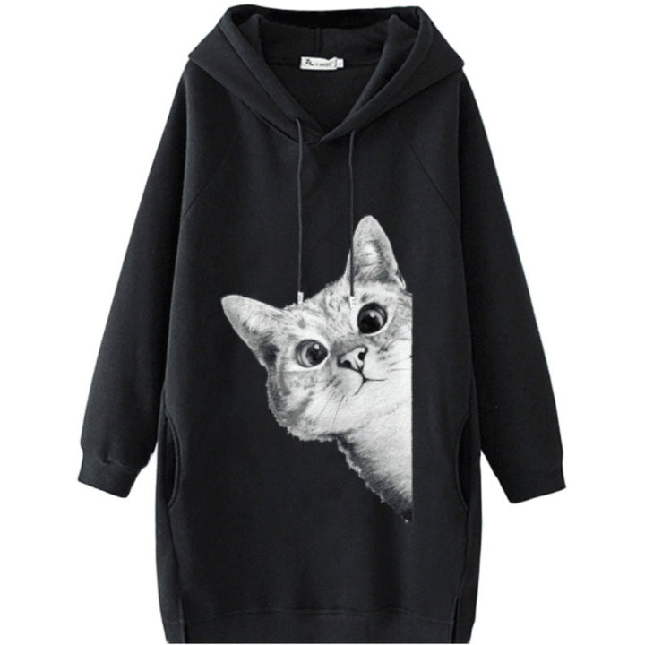 Ladies Oversize Hooded Dress made of Sweat Fabric with Large Cat Print and Side Pockets Mune Fashion