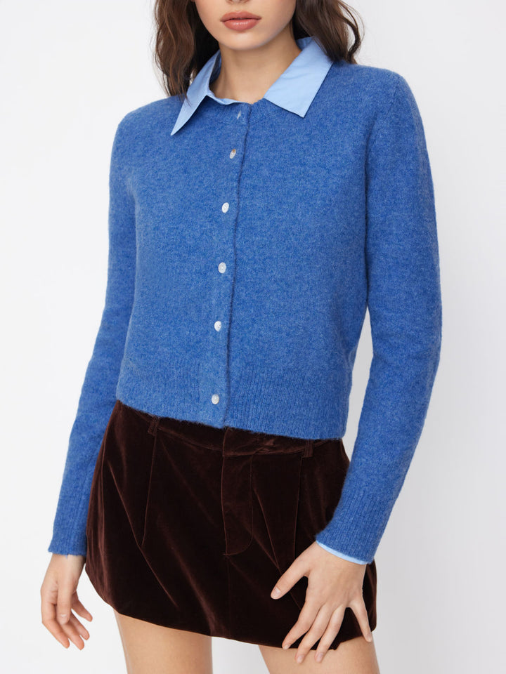 Women's Elegant Short Sweater with Shirt Collar Mune Fashion