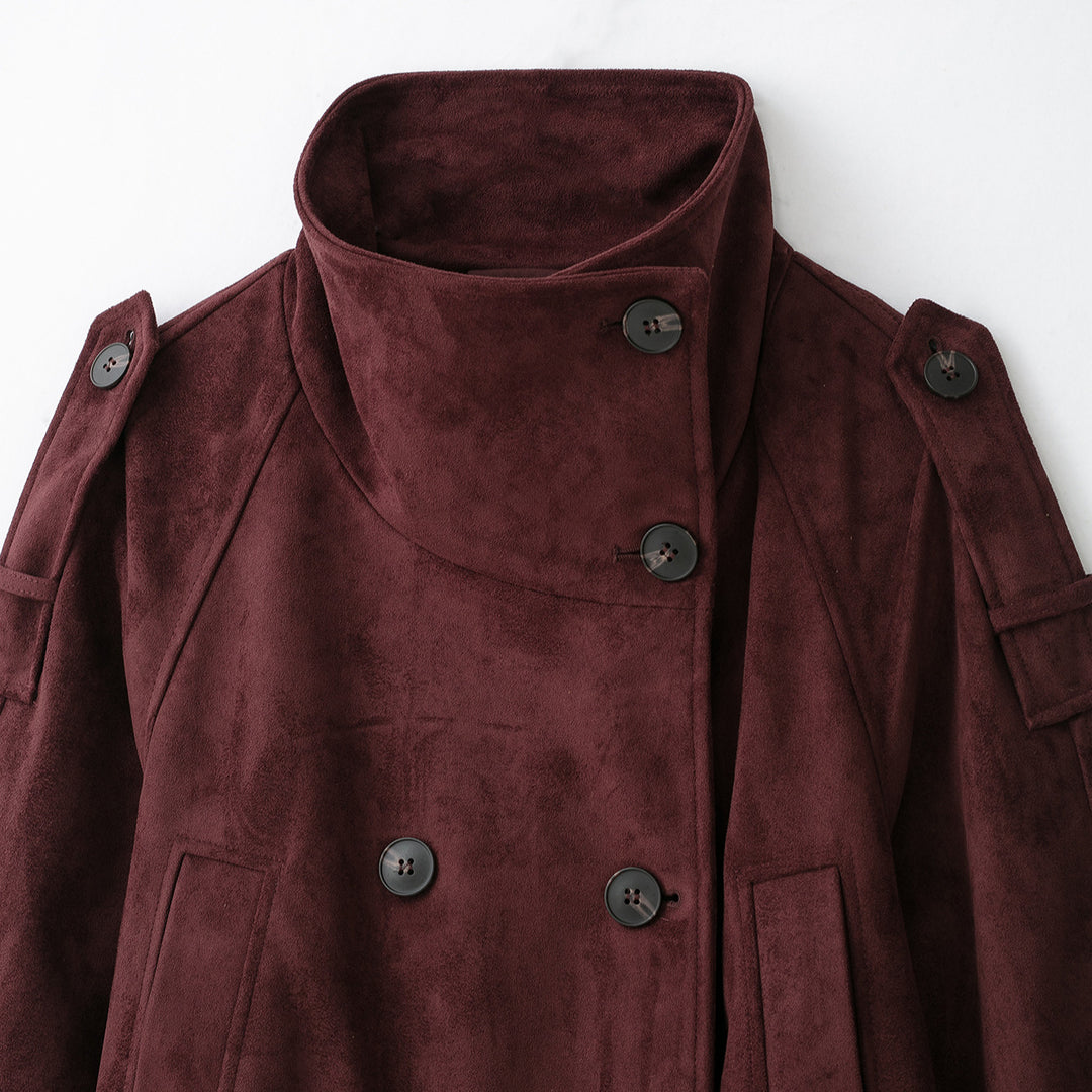 Women's Velvet Trench Coat with High Funnel Collar and Tie Belt Mune Fashion