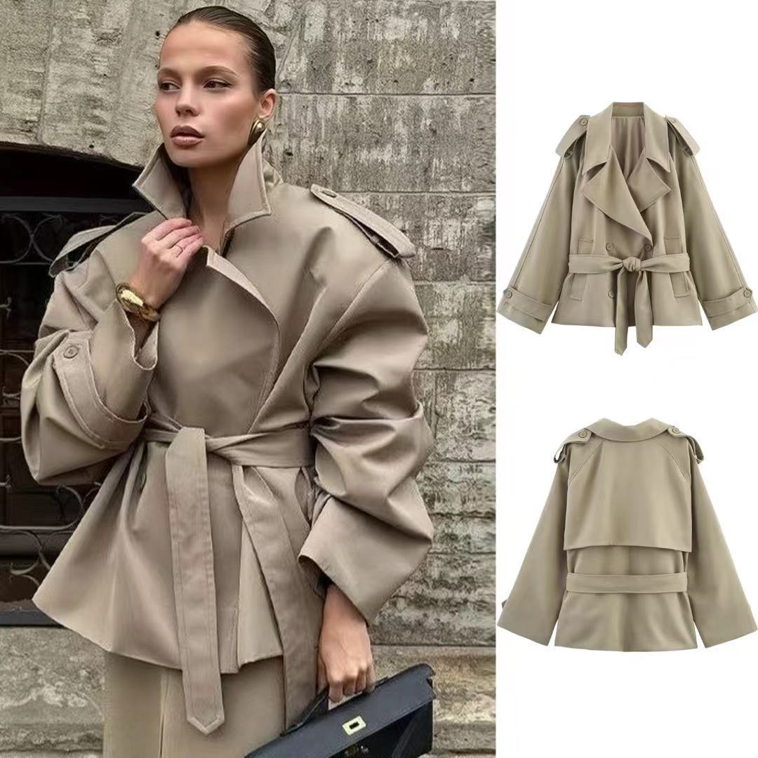 Ladies Short Trench Coat with Ties and Cape Sleeves Mune Fashion