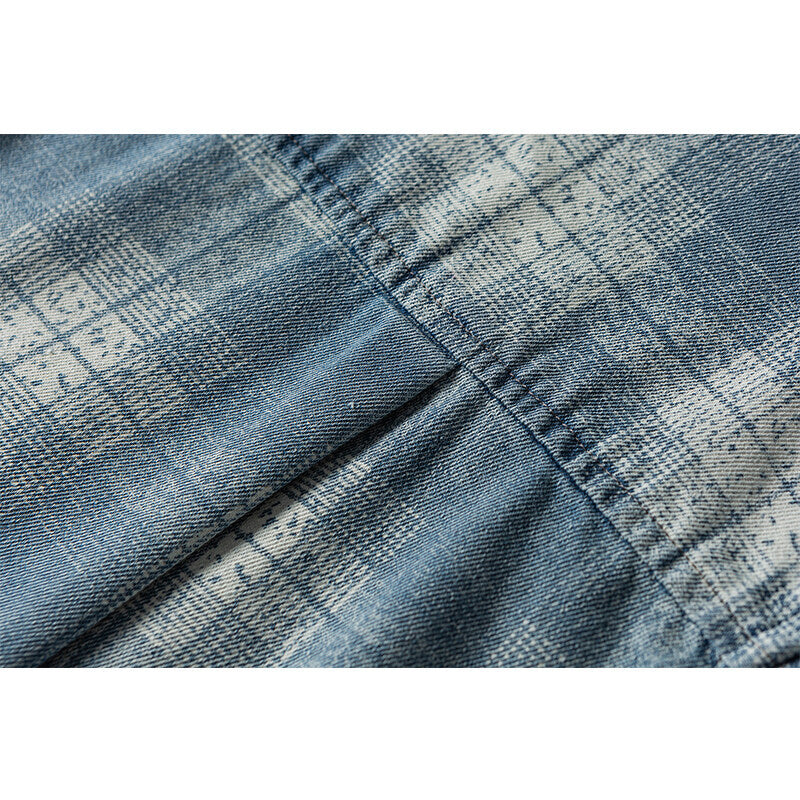 Men's Loose Check Shirt in Vintage Denim Look with Patch Chest Pocket and Used Details Mune Fashion