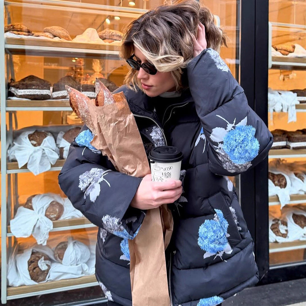 Women Padded Oversized Quilted Jacket with Floral Print and Hood Mune Fashion