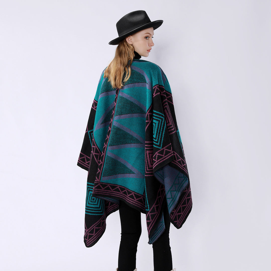 Women Geometric Wool Blend Overthrow Poncho with Overlock Edge Mune Fashion