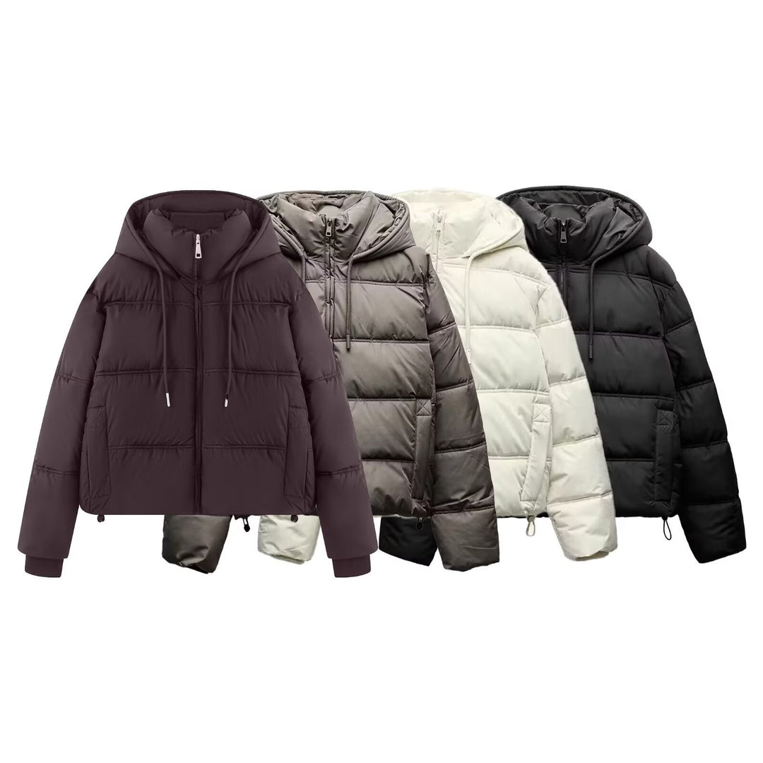 Women's Cropped Padded Jacket with High Hood, Drawstring and Ribbed Cuffs Mune Fashion
