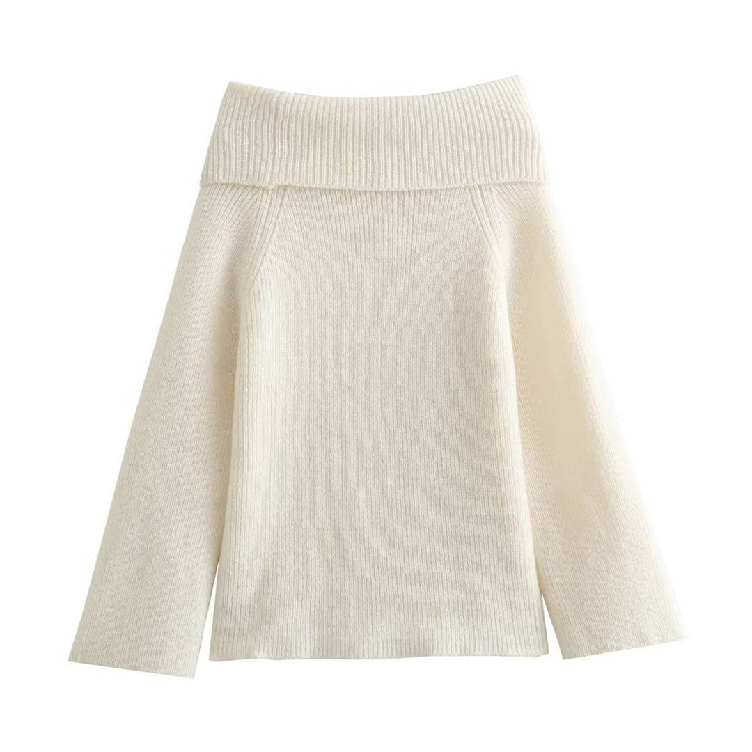 Women Oversized Off-Shoulder Ribbed Knit Sweater with Large Turn-Down Collar Mune Fashion