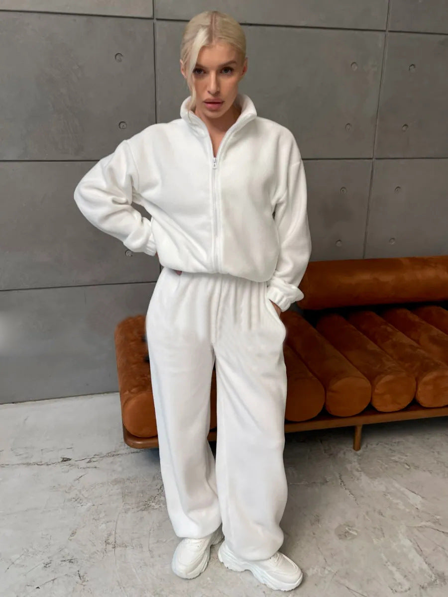 Women Comfortable Fleece Loungewear Set with Short Zip Top and Wide High Waist Pants Mune Fashion