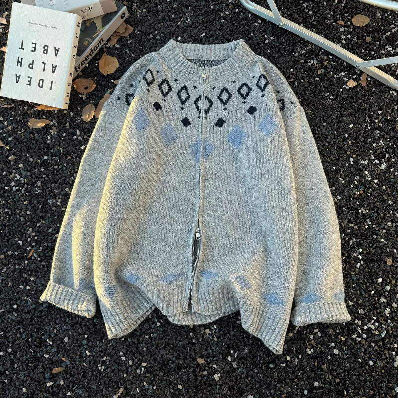 Unisex Chunky Knitted Norwegian Cardigan with Crew Neck, Full Zip and Jacquard Yoke Mune Fashion