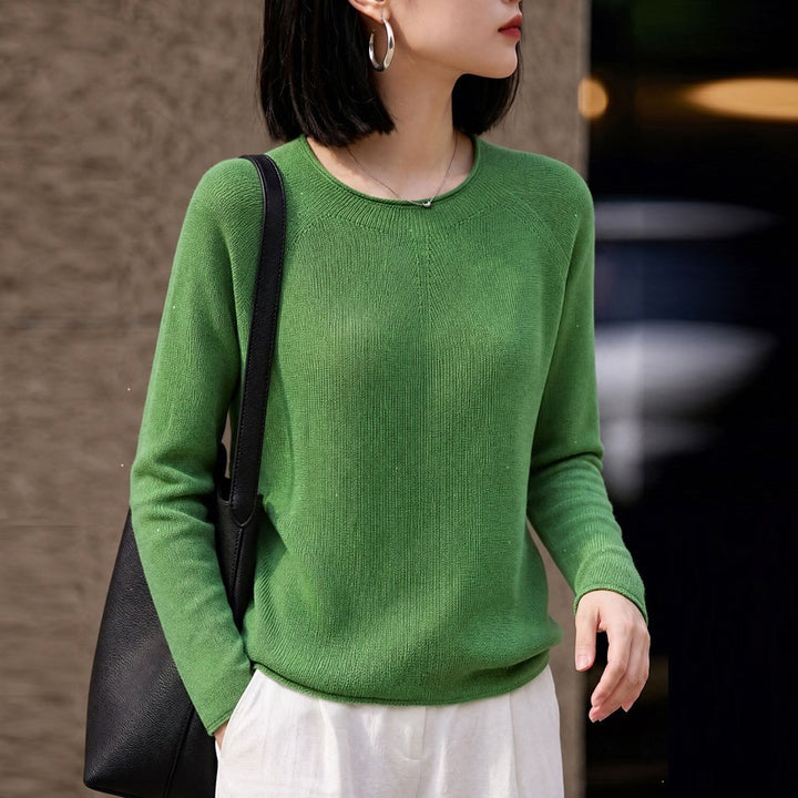 Women Light Round Neck Sweater in Cashmere Look with Raglan Sleeves Mune Fashion