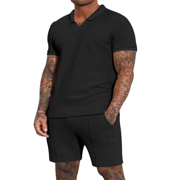Men's short-sleeved half-collar knit set with fine waffle structure and straight-cut shorts Mune Fashion