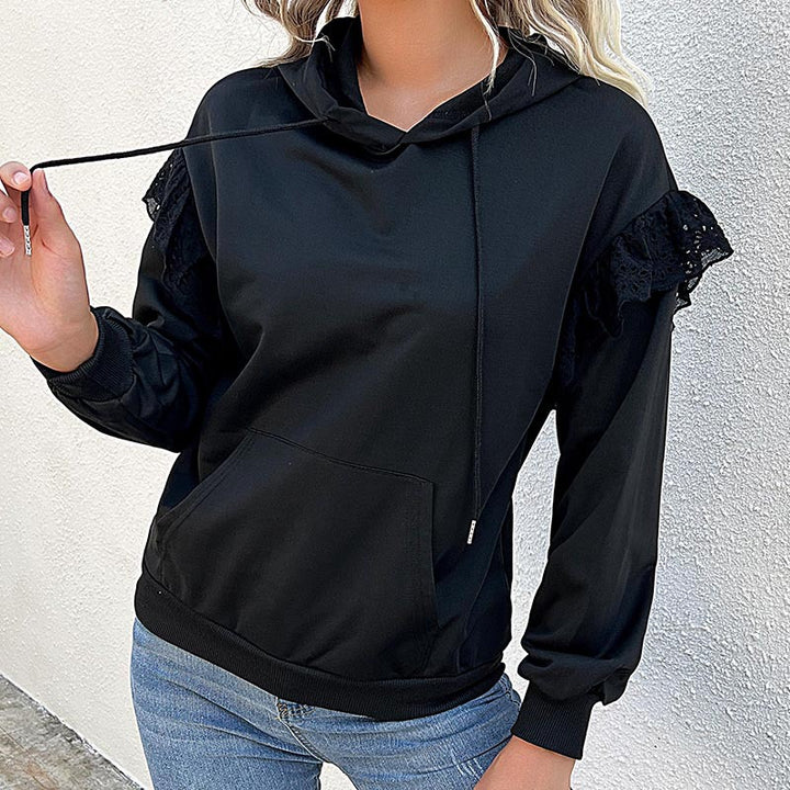 Women's hooded sweater with lace ruffle, kangaroo pocket & ribbed cuffs Mune Fashion