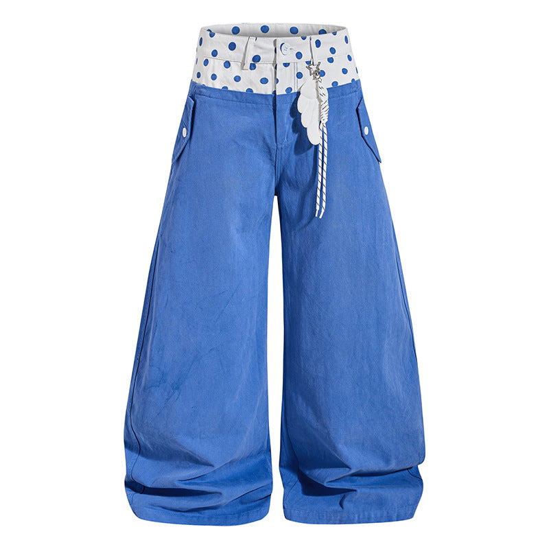 Women's Wide High-Waist Palazzo Pants with Polka-Dot Waistband and Jewelry Pendant Mune Fashion
