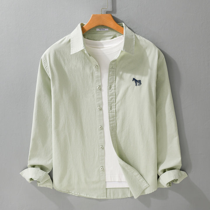 Men's Cotton Oxford Shirt Jacket in Layering Style with Subtle Zebra Embroidery and Kent Collar Mune Fashion