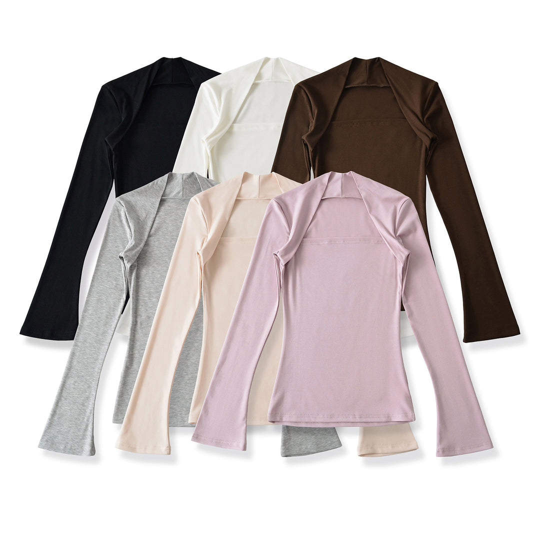 Women's fitted long-sleeve top with wide shawl collar and trumpet sleeves Mune Fashion
