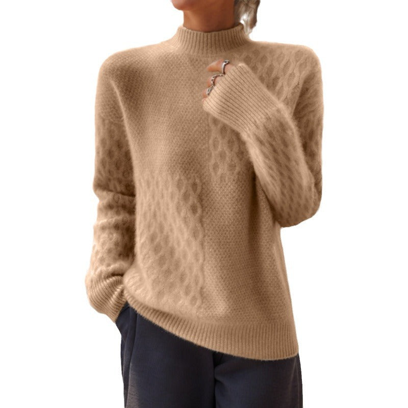 Ladies casual mohair blend fine knit sweater with structure mix, stand-up collar and dropped shoulders Mune Fashion