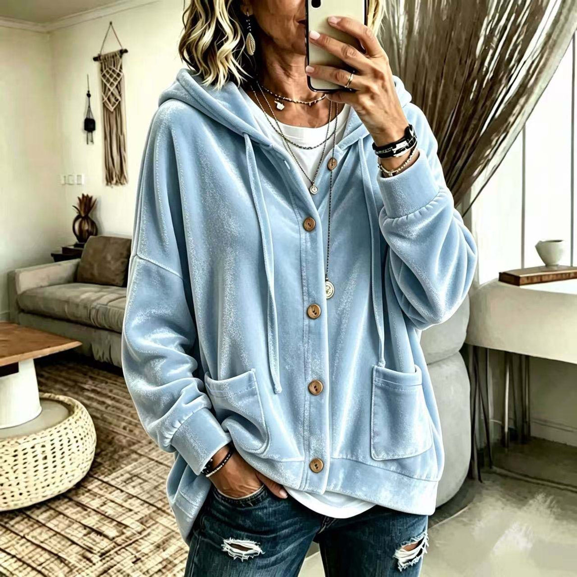 Women's Oversized Hooded Velvet Jacket with Button Placket and Patch Pockets Mune Fashion