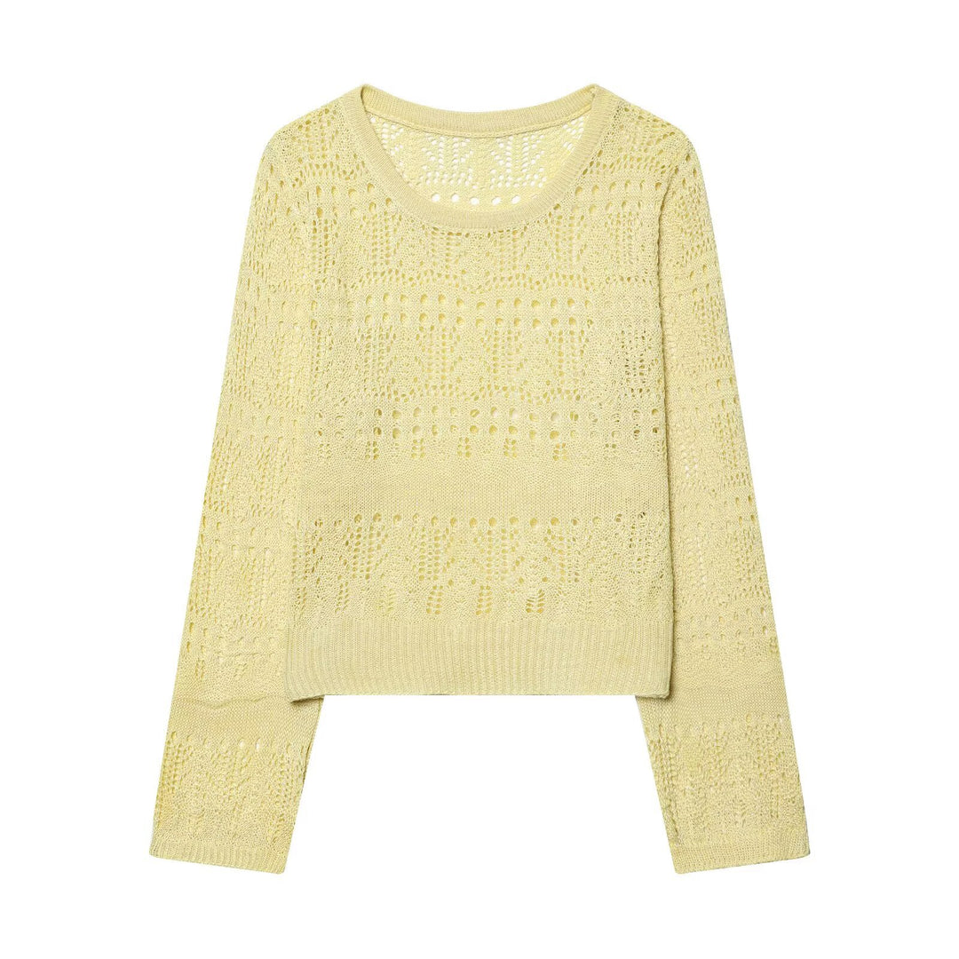 Women's fine knit openwork pullover with round neck and delicate lace pattern Mune Fashion