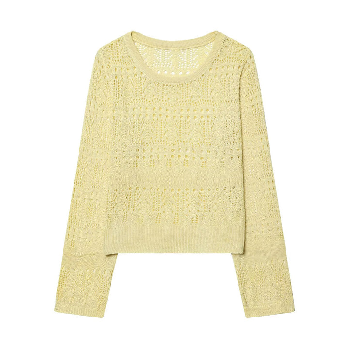 Women's fine knit openwork pullover with round neck and delicate lace pattern Mune Fashion