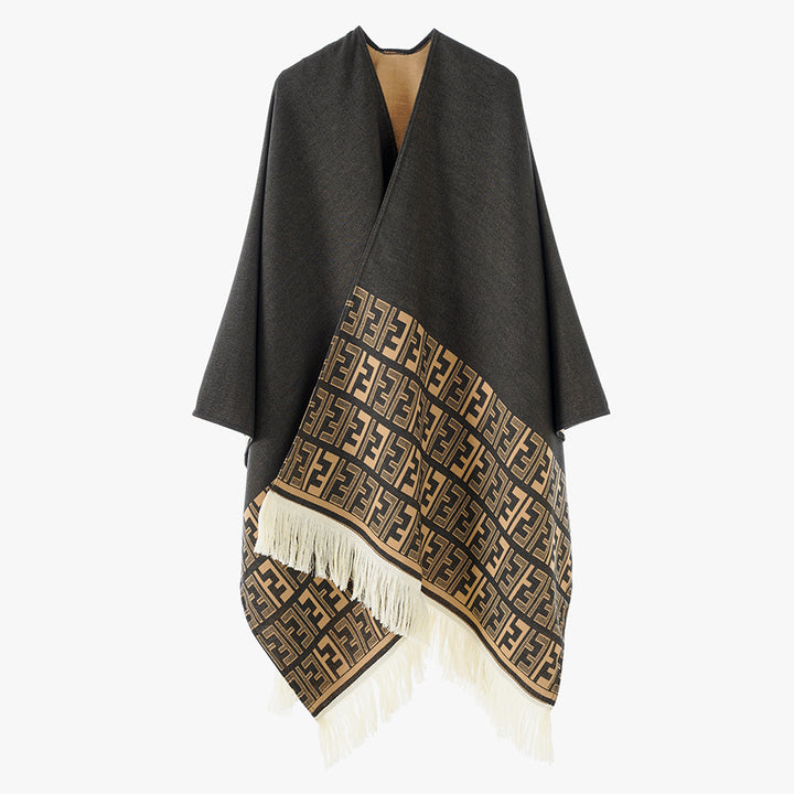 Women Reversible Jacquard Cape Wrap with Monogram Border and Fringes