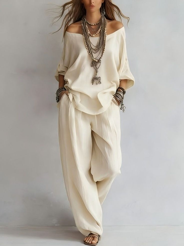 Women's Casual Lightweight Lounge Set with Off-the-Shoulder Neckline and Palazzo Pants Mune Fashion