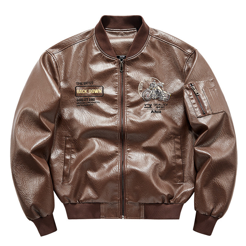 Men's Biker Leather Look Bomber Jacket with Embroidery Patches and Arm Pocket Mune Fashion