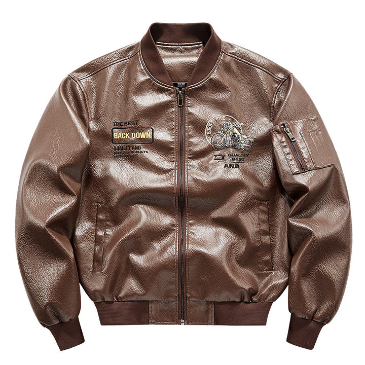 Men's faux leather bomber jacket with warming fleece lining, motorcycle embroidery and sleeve pocket Mune Fashion
