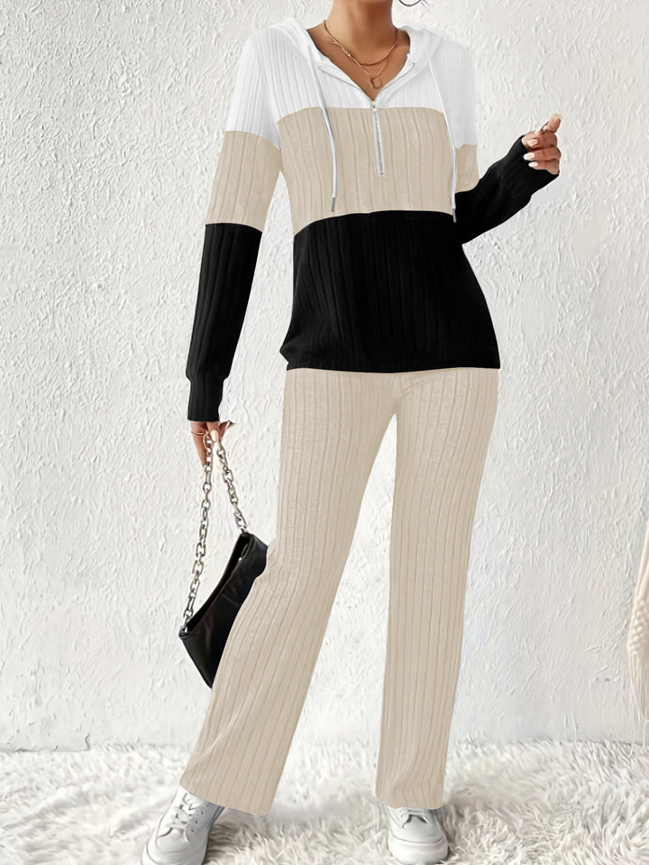 Women's Ribbed Lounge Set with Hooded Half-Zip and Wide Palazzo Knit Pants Mune Fashion