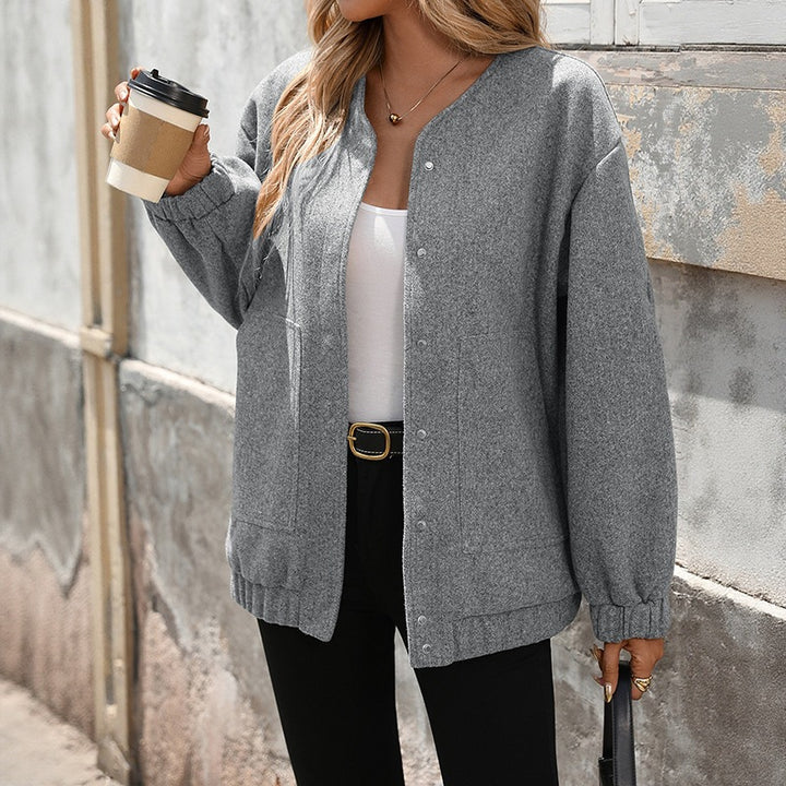 Women Oversize Bomber Jacket with Round Neckline, Snap Button Placket and Patch Pockets Mune Fashion