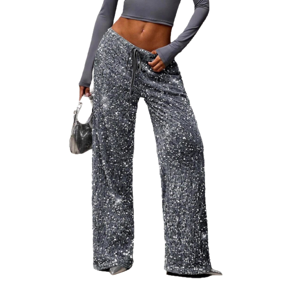 Women Sequin Palazzo Trousers with High Waist and Drawstring Mune Fashion