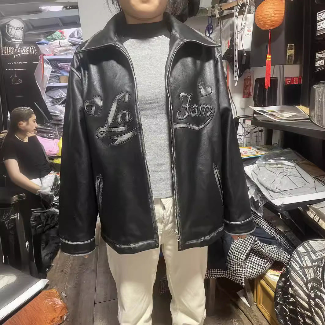 Women's oversized faux leather jacket with shawl collar and embossed logo embroidery Mune Fashion