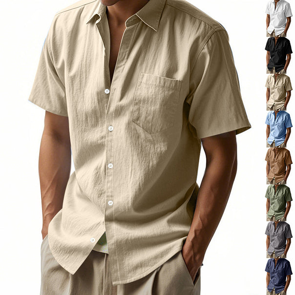 Men's short-sleeved cotton-linen casual shirt with Kent collar, chest pocket, and continuous button placket Mune Fashion