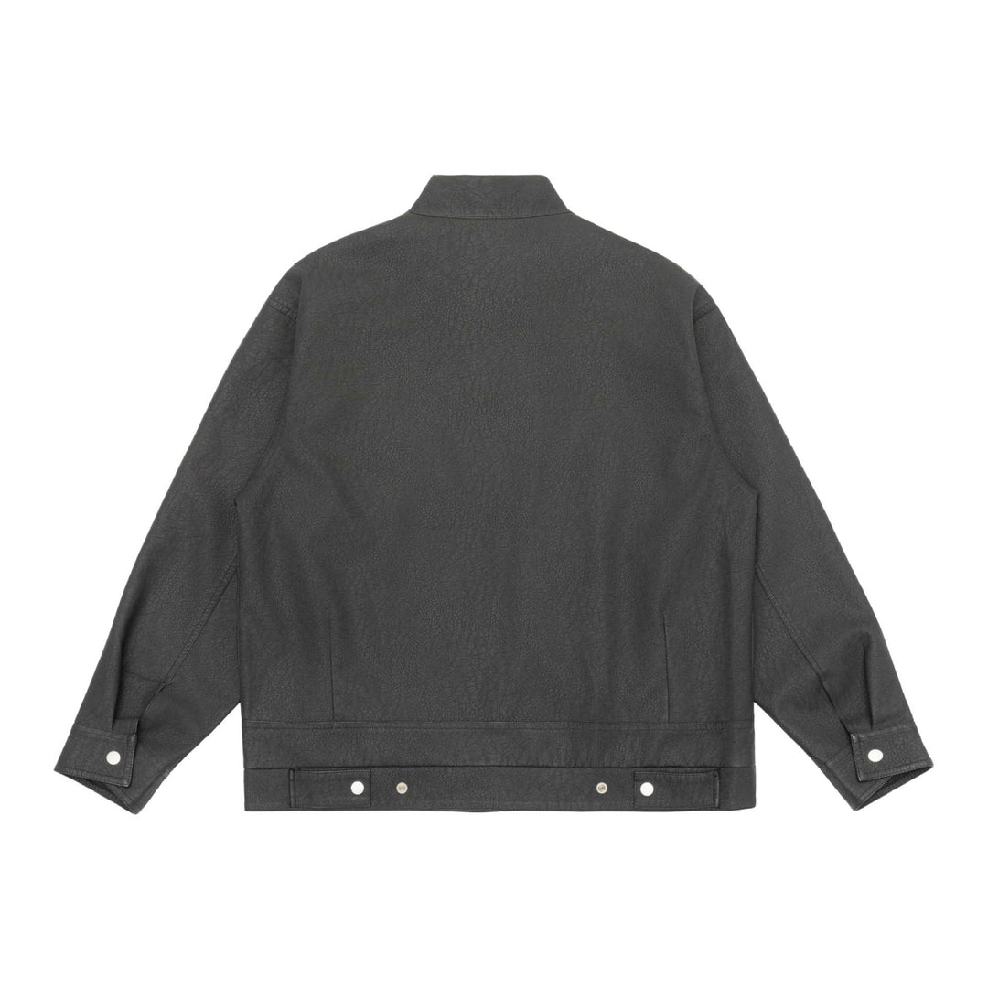 Unisex Boxy-Faux Leather Blouson Jacket with Stand Collar and Flap Pockets Mune Fashion